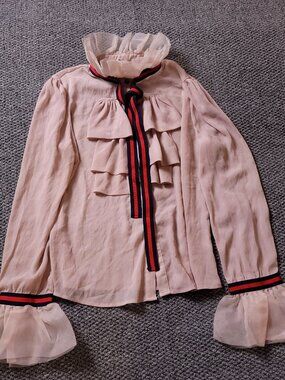 San Joy Shirt Womens L Large Sheer Polyester Pink Ruffle Blouse Long Sleeve